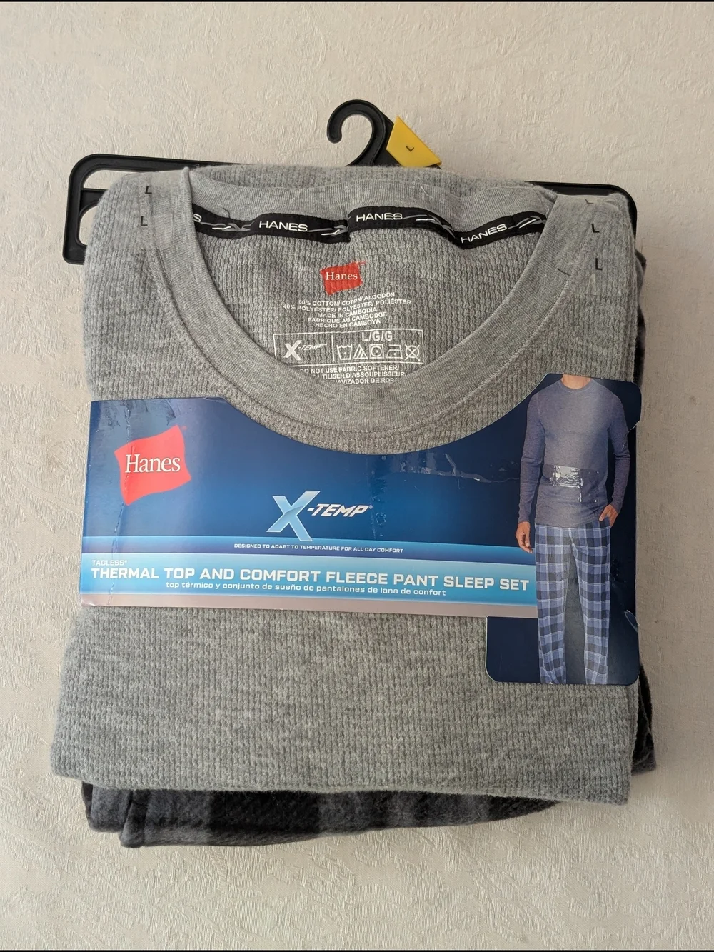 Hanes X-Temp Men's 2-Pc Thermal Top & Fleece Pajama Set L Gray/Black Plaid